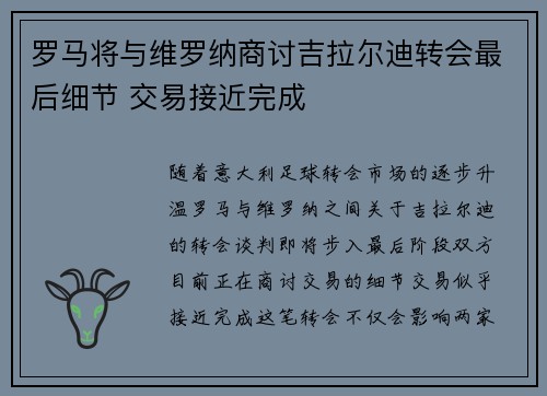 罗马将与维罗纳商讨吉拉尔迪转会最后细节 交易接近完成 罗马将与维罗纳商讨吉拉尔迪转会最后细节 交易接近完成
